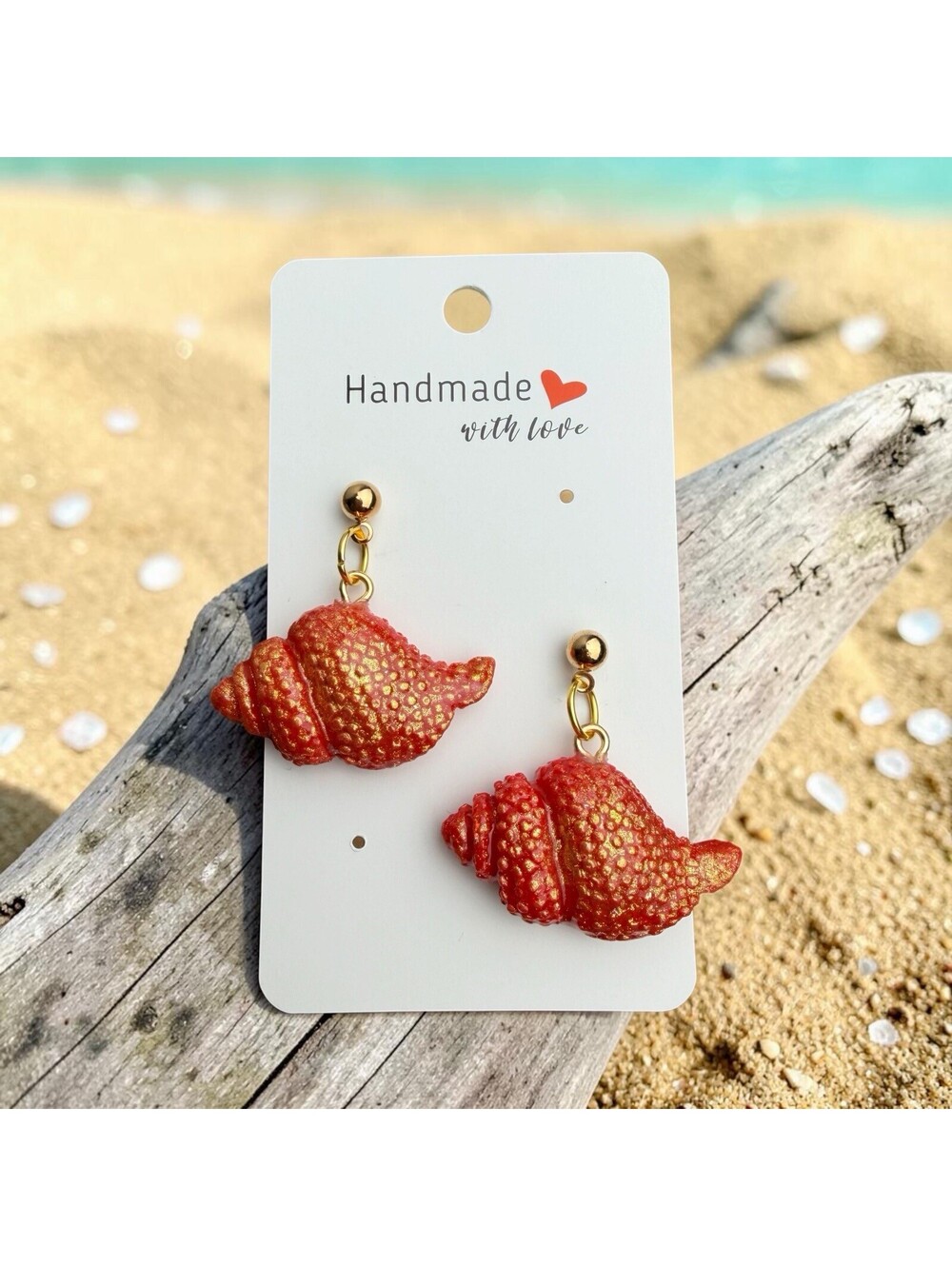 Handmade Red Gold Seashell Conch Shell Dangle Earrings Coastal Beach Jewelry New